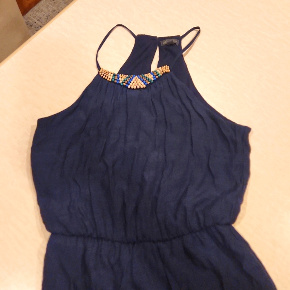 Blue Summer Maxi Dress with Beaded Collar